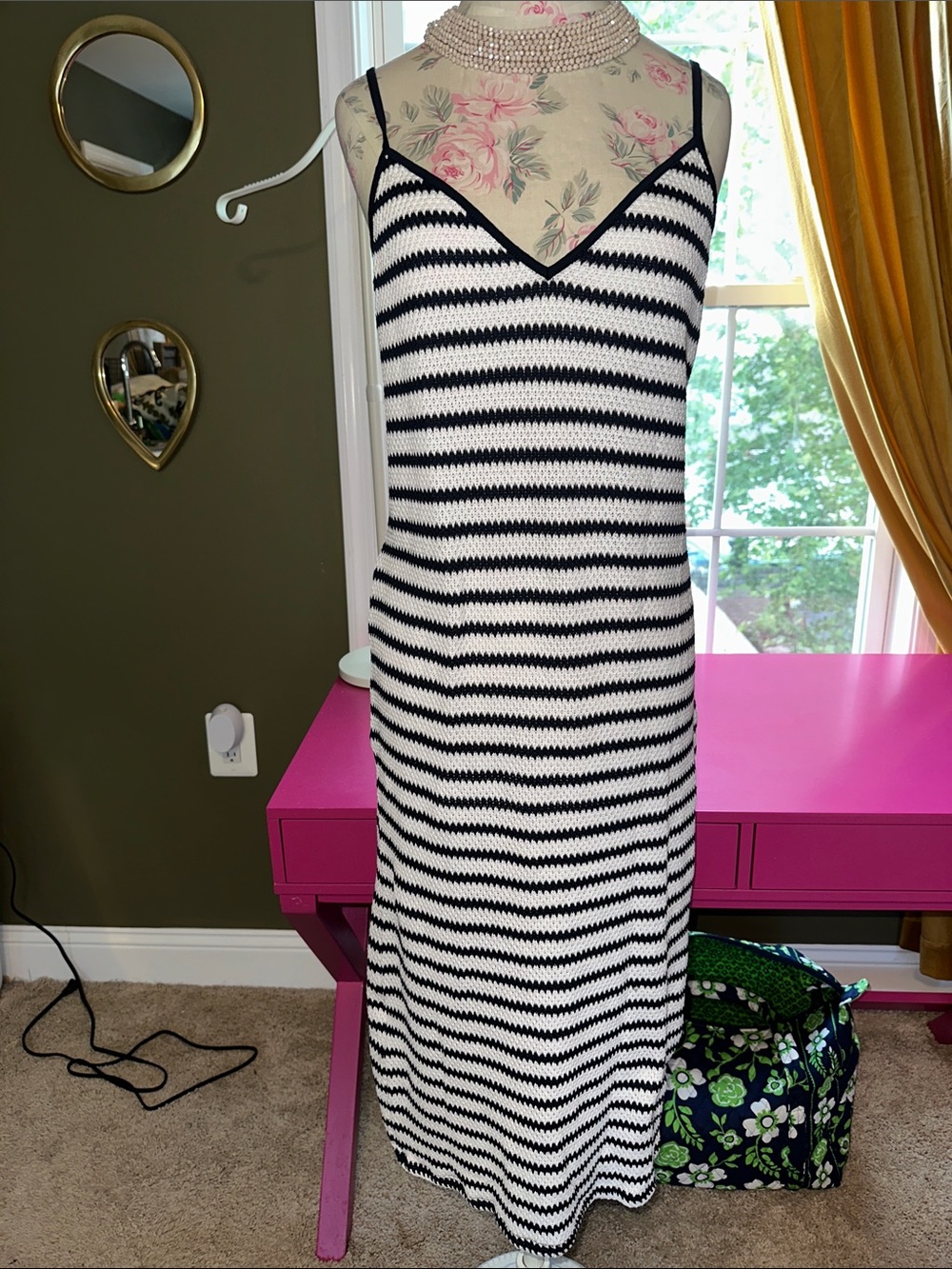 Zara Navy & White Striped Knit Maxi Dress